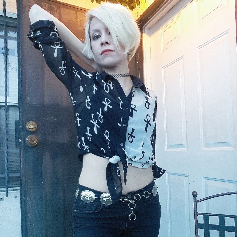 Ankh Print Sheer Blouse